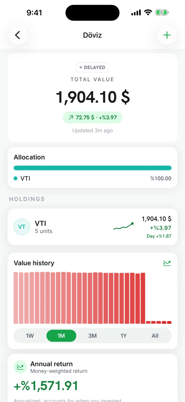 Portfolio detail: total value, allocation bar, holdings and value history.